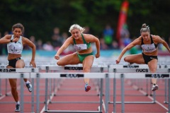 Sarah Lavin of Ireland, centre, and Christie Moerman of Canada, competing in the Women's 100m Hurdles event, sponsored by O'Leary Insurances, during the BAM Cork City Sports at CIT Athletics Stadium in Bishopstown, Cork. Photo by Sam Barnes/Sportsfile