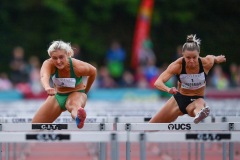 Sarah Lavin of Ireland, left, and Christie Moerman of Canada competing in the Women's 100m Hurdles event, sponsored by O'Leary Insurances, during the BAM Cork City Sports at CIT Athletics Stadium in Bishopstown, Cork. Photo by Sam Barnes/Sportsfile