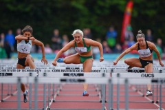 Athletes, from left, Yasmin Miller of Great Britain, Sarah Lavin of Ireland and Christie Moerman of Canada competing in the Women's 100m Hurdles event, sponsored by O'Leary Insurances, during the BAM Cork City Sports at CIT Athletics Stadium in Bishopstown, Cork. Photo by Sam Barnes/Sportsfile